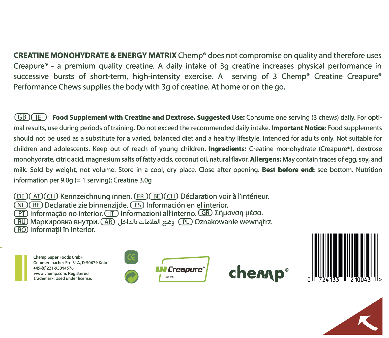 Chemp Creatine Performance Chews 100% Creapure 150serv fresh lemon details