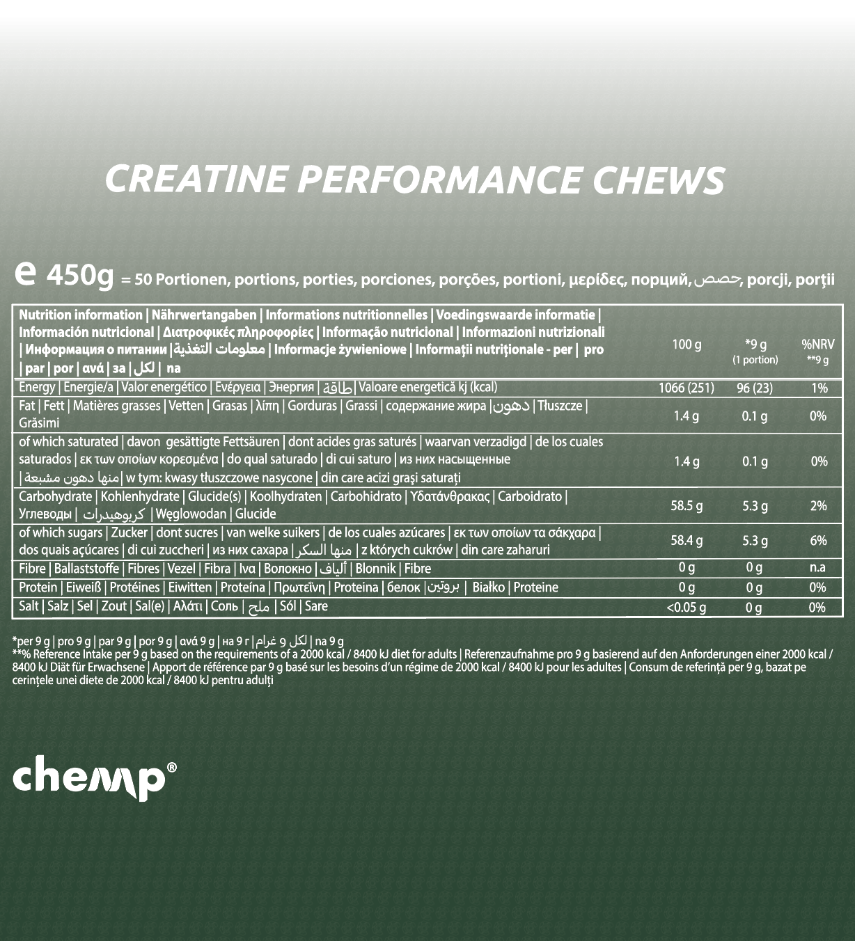 Chemp Creatine Performance Chews 100% Creapure 150serv fresh lemon nutrition facts