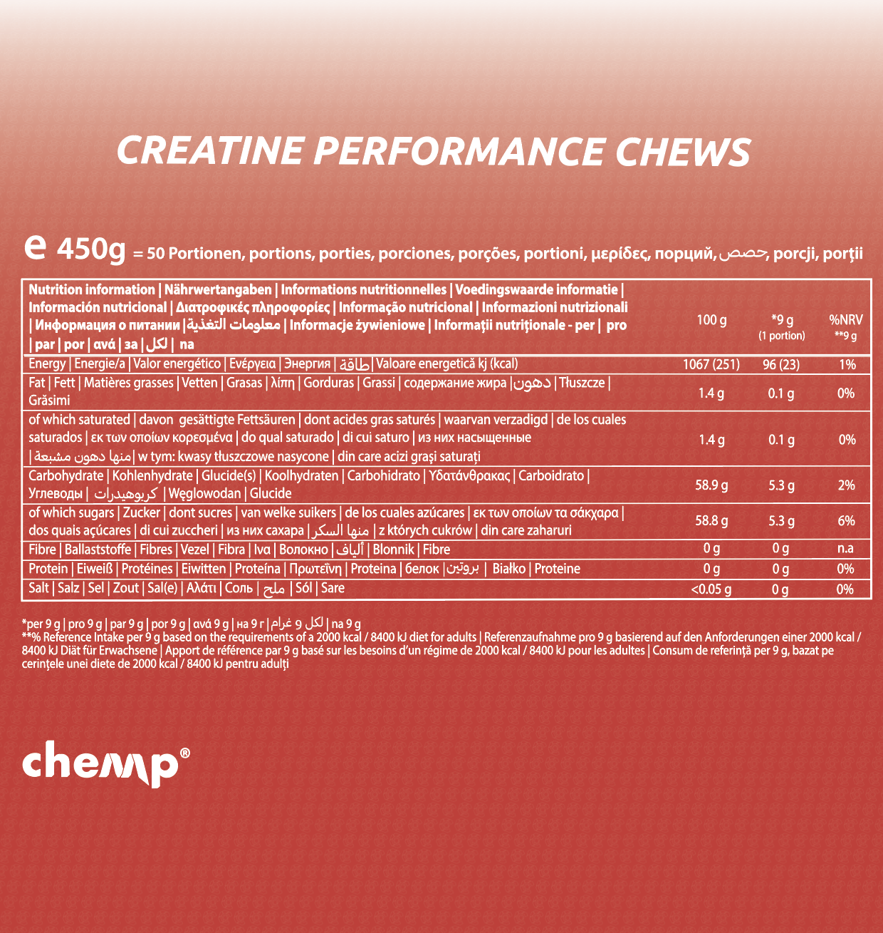 Chemp Creatine Performance Chews 100% Creapure 150serv wild raspberry nutrition facts