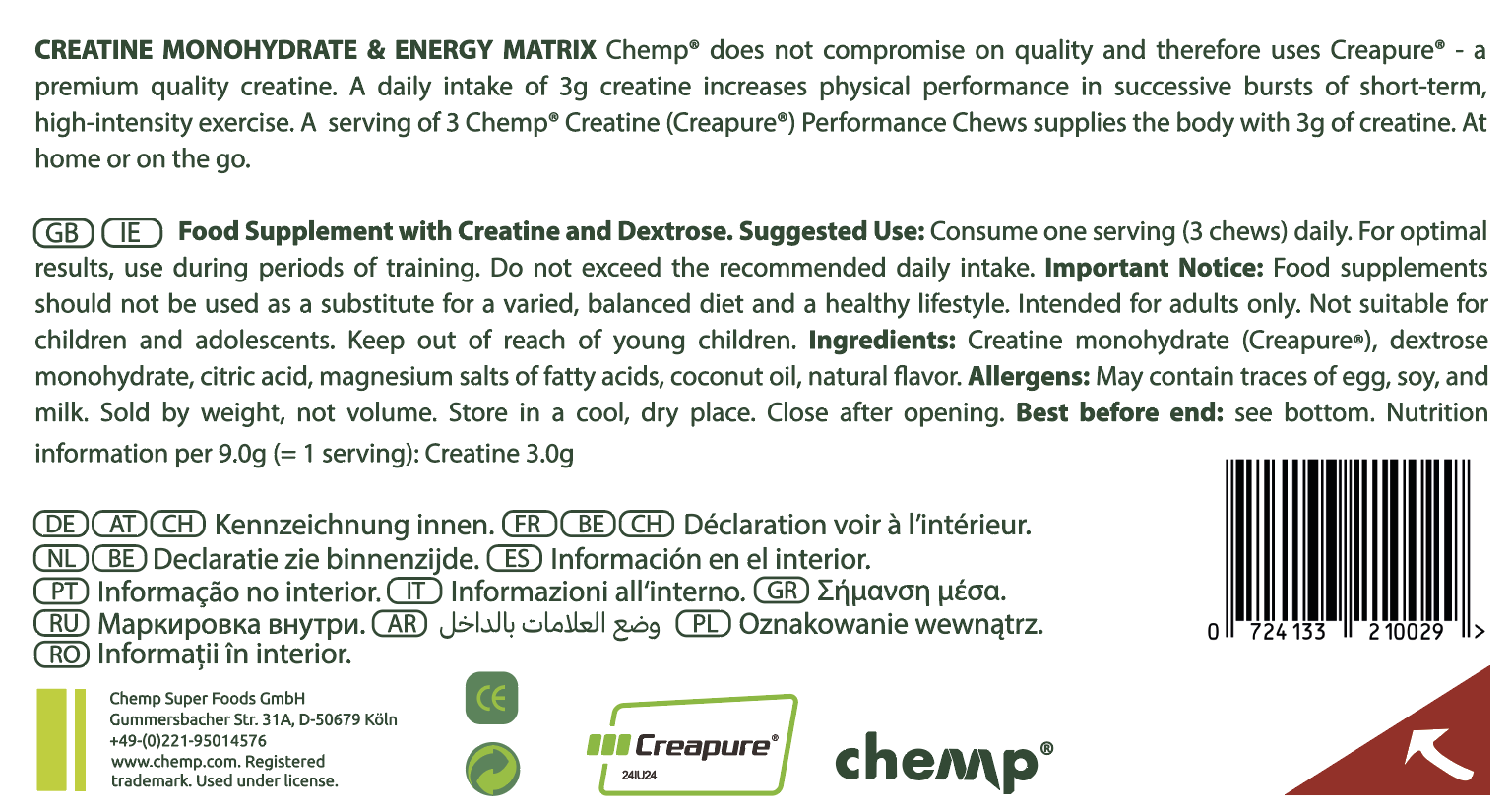 Chemp Creatine Performance Chews 100% Creapure 90serv detail